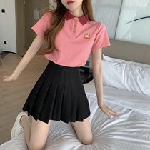 Short-sleeved casual suit womens little sweet Joker summer high waist slim sports fashion pleated skirt two-piece set