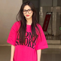 Rose red short sleeve T-shirt female Korean version of loose summer design sense niche letter Joker round neck half sleeve shirt tide