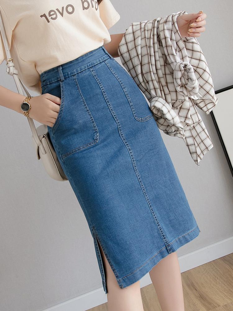 Side-cắt denim váy phụ nữ váy của Xia một mô hình 2020 mới bước váy lưng cao trong một chữ dài túi hông váy