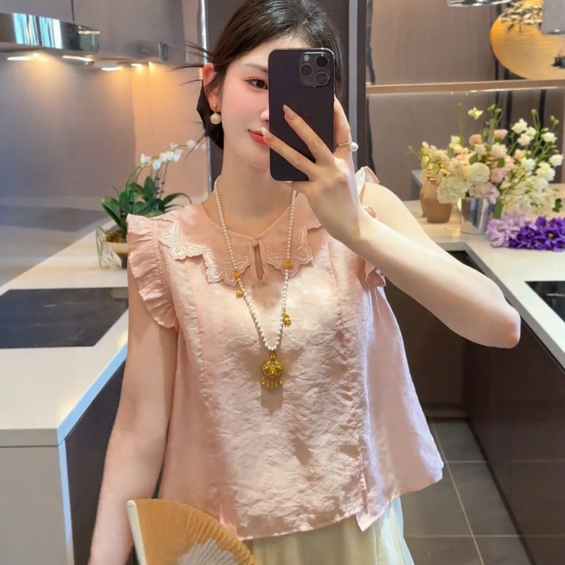 New Chinese Style Flutter Sleeve Ruffled T-Shirt Vest for Women, Summer Loose Fit, Versatile, Slimming, Elegant Top, Babydoll Shirt New Chinese Style Flutter Sleeve Ruffled T-Shirt Vest for Women, Summer Loose Fit, Versatile, Slimming, Elegant Top, Babydoll Shirt