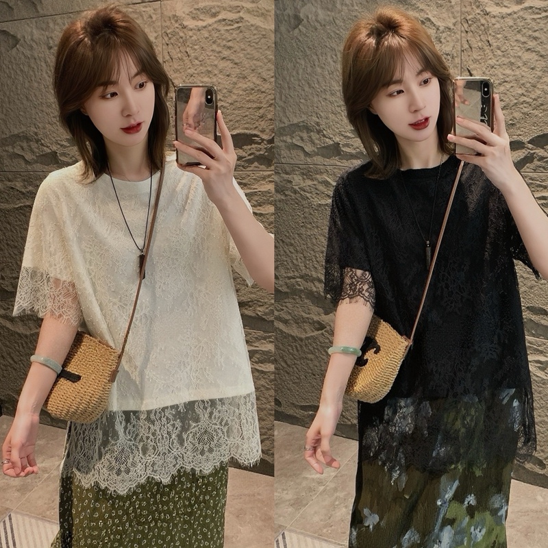Korean Style Fashionable and Elegant Design Fake Two-Piece Lace Splicing Short-Sleeved T-Shirt for Women 2026 New Casual Top Trendy