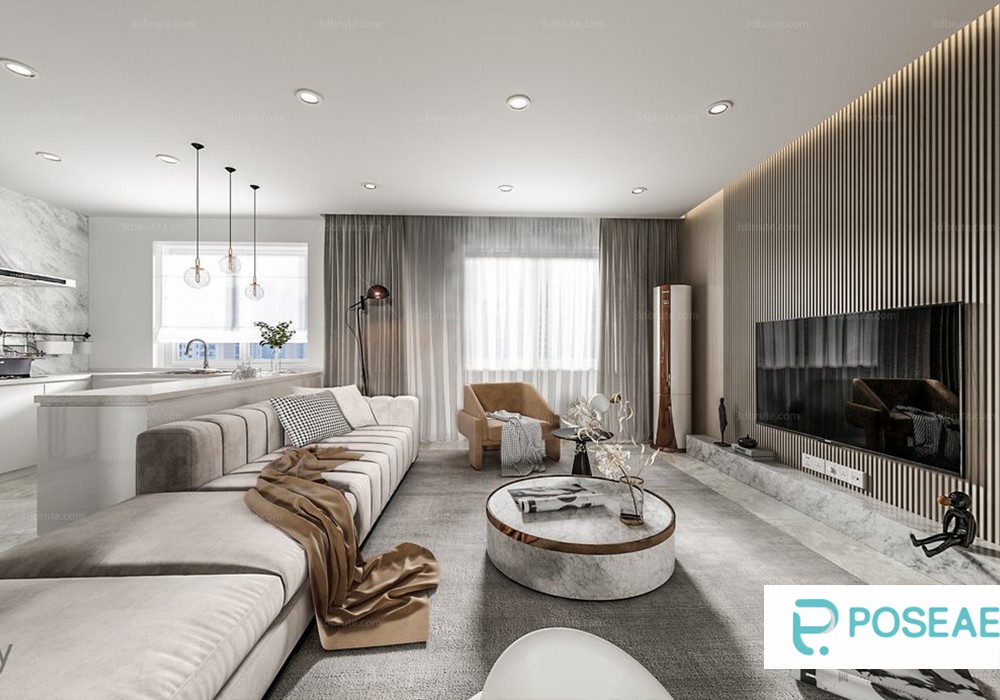 【3D模型】现代简约客餐厨一体设计 玻璃吊灯大理石茶几软装搭配 3DMAX 模型-PoseAe