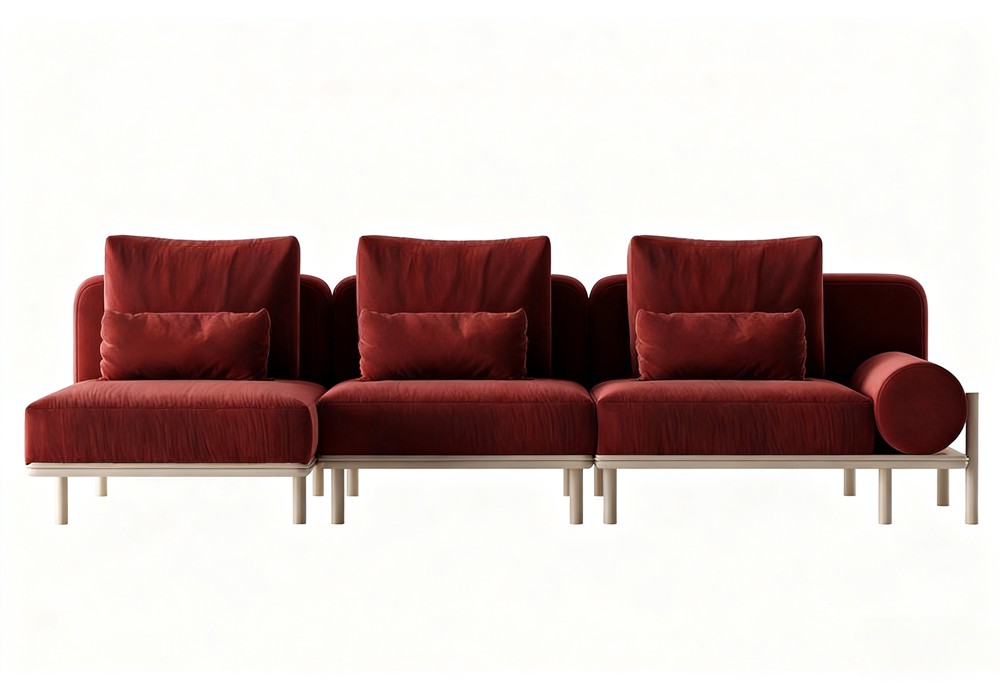 【3D模型】红色绒面组合沙发 3D 模型-PoseAe