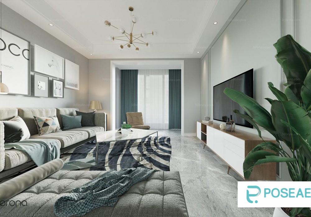 【3D模型】现代清新客厅设计 艺术吊灯组合挂画绿植软装搭配 3DMAX 模型-PoseAe