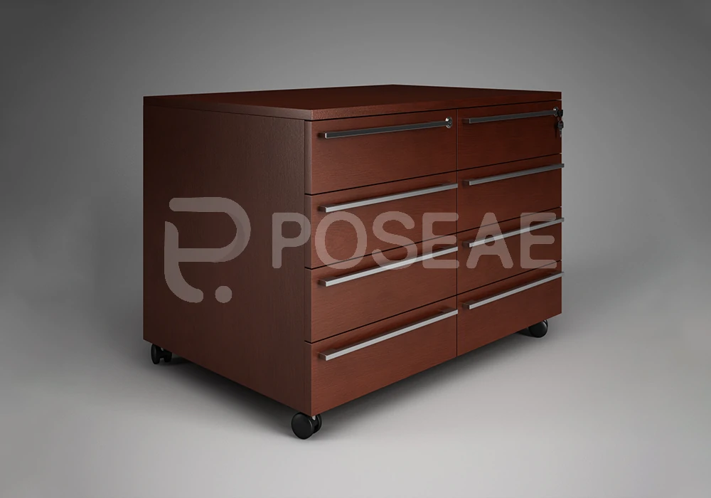 【3D模型】深棕色木质八抽屉移动文件柜 3D 模型-PoseAe