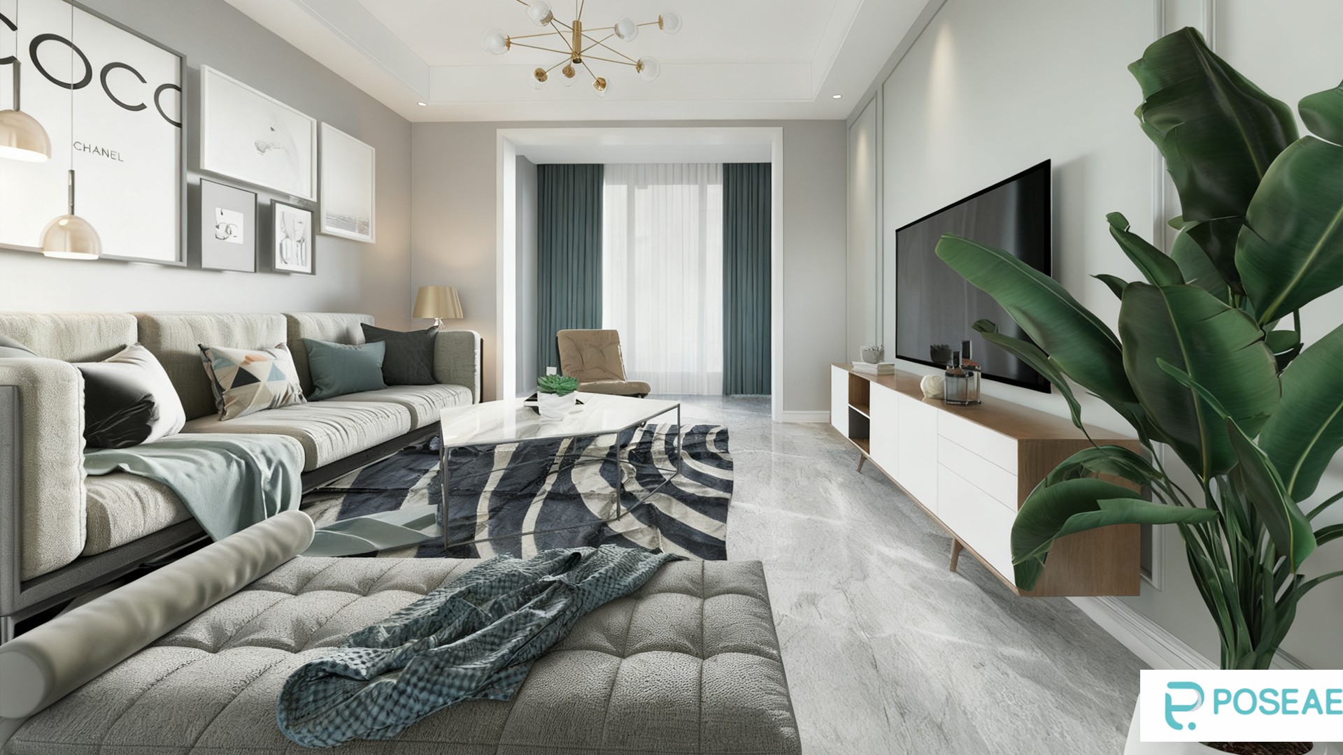 图片[1]-【3D模型】现代清新客厅设计 艺术吊灯组合挂画绿植软装搭配 3DMAX 模型-PoseAe视频创意库