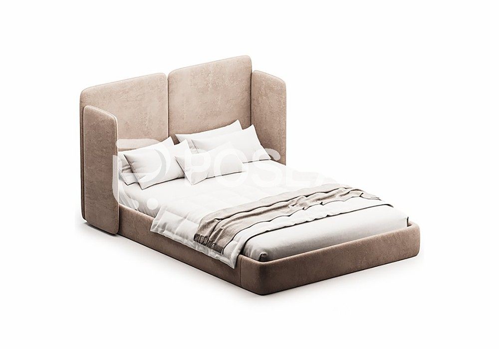 图片[1]-【3D模型】浅棕软包靠背床 3D 模型-PoseAe视频创意库