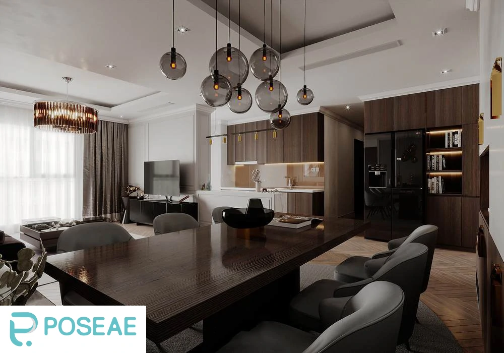 图片[1]-【3D模型】简约大气客餐厅（艺术吊灯 + 深色木作）3DMAX 模型-PoseAe视频创意库