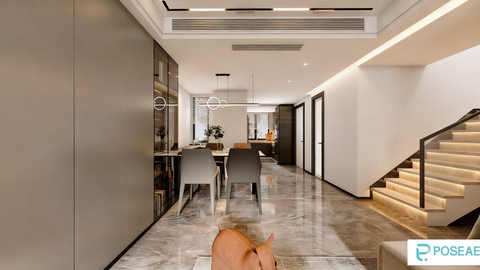 图片[1]-【3D模型】现代简约客厅带楼梯设计 艺术挂画沙发抱枕软装搭配 3DMAX 模型-PoseAe视频创意库