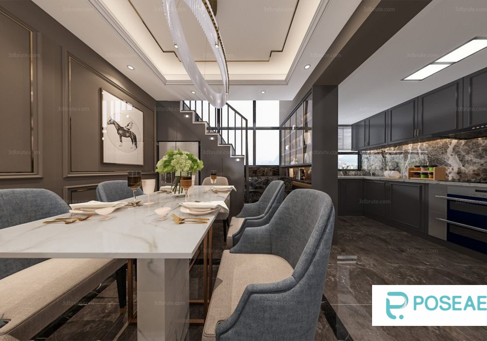 【3D模型】现代奢华餐厨带楼梯设计 环形吊灯大理石餐桌软装搭配 3DMAX 模型-PoseAe