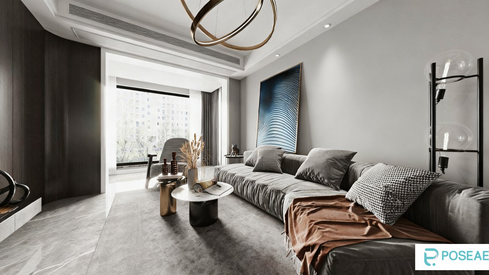 图片[1]-【3D模型】现代高级灰客厅设计 金属吊灯艺术挂画软装搭配 3DMAX 模型-PoseAe视频创意库