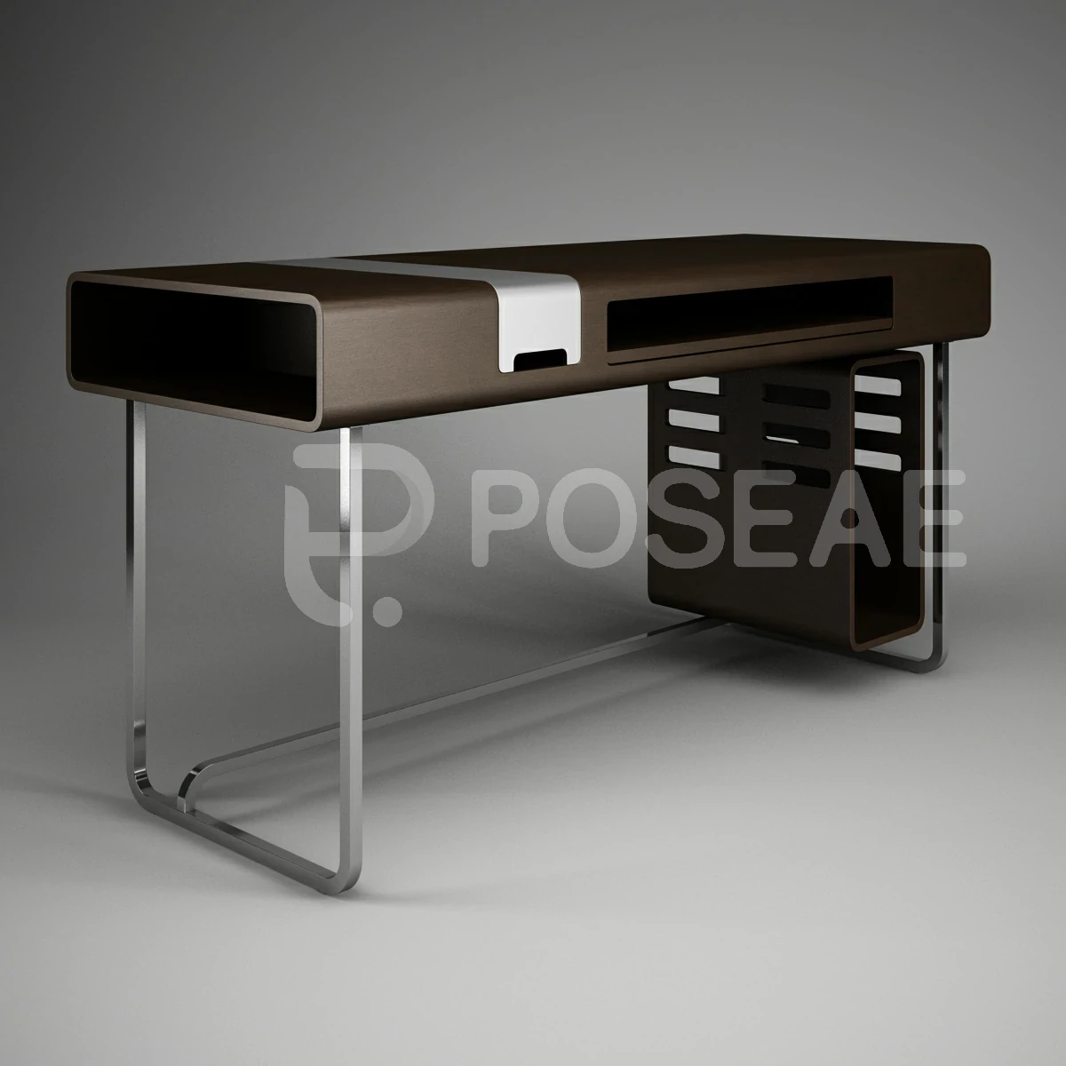【3D模型】银色金属支脚带线槽电脑桌-PoseAe