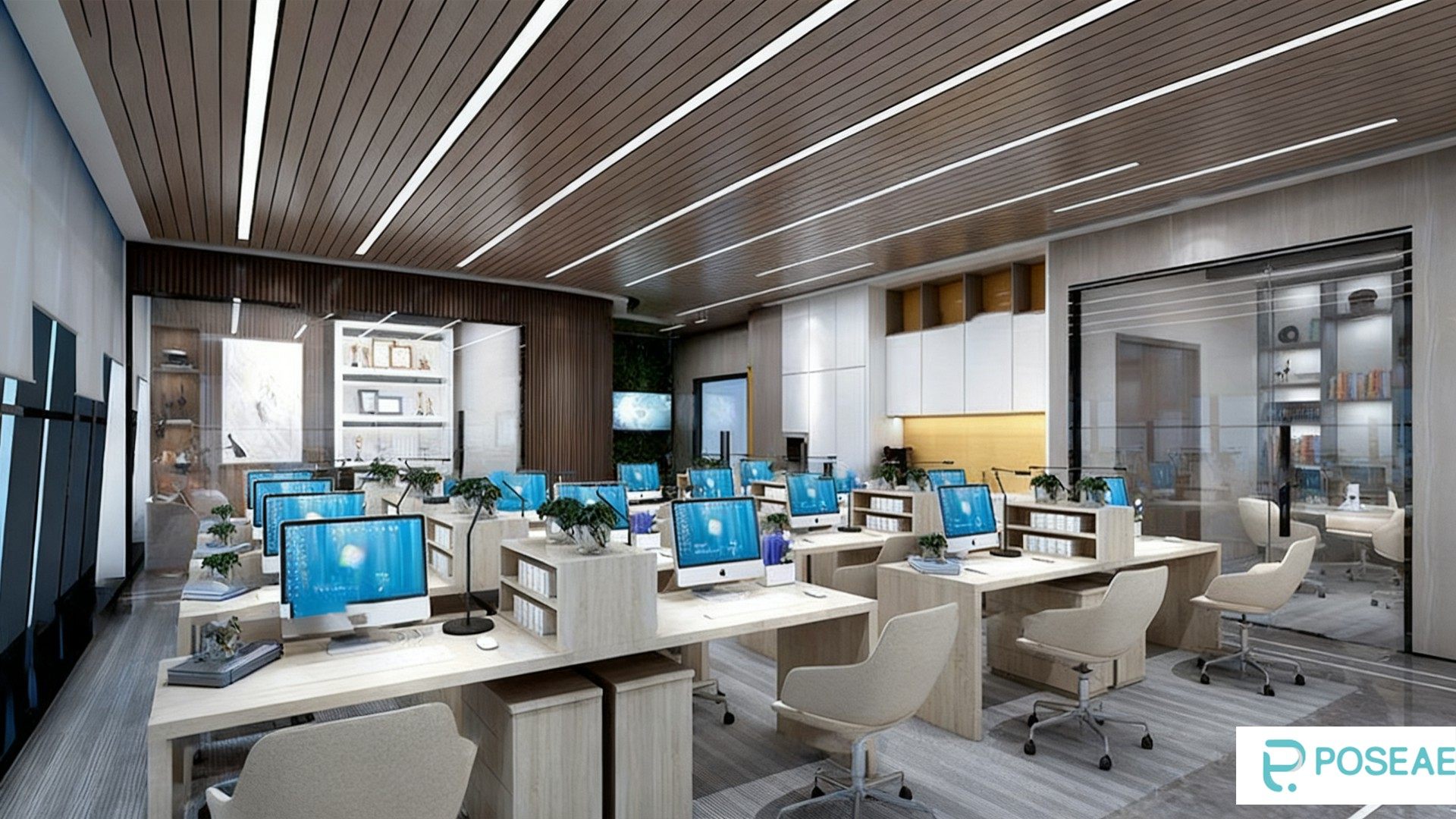 图片[1]-【3D模型】现代自然风办公空间设计 木质吊顶绿植办公桌椅软装搭配 3DMAX 模型-PoseAe视频创意库