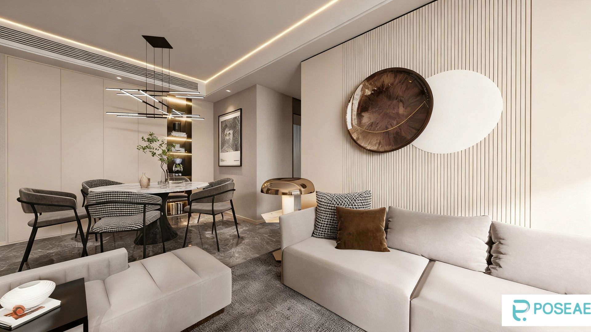 图片[1]-【3D模型】现代简约客餐厅设计 几何吊灯艺术墙饰千鸟格餐椅软装搭配 3DMAX 模型-PoseAe视频创意库