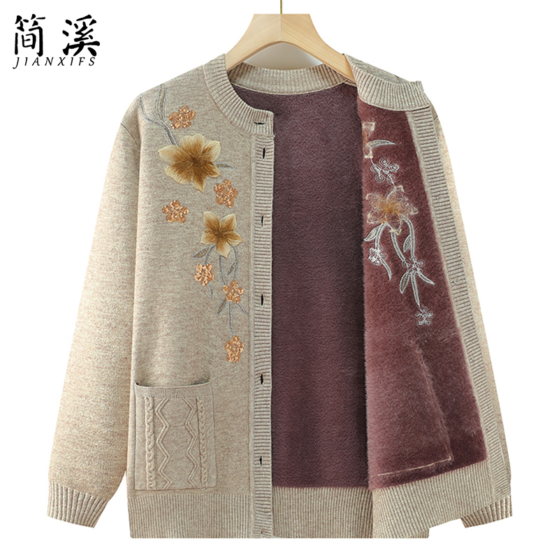 Jianxi Middle-Aged and Elderly Women's Sweater, Grandma's Autumn Coat, Mother's Spring and Autumn Warm Clothing for the Elderly, Fleece-Lined Clothes for Old Ladies