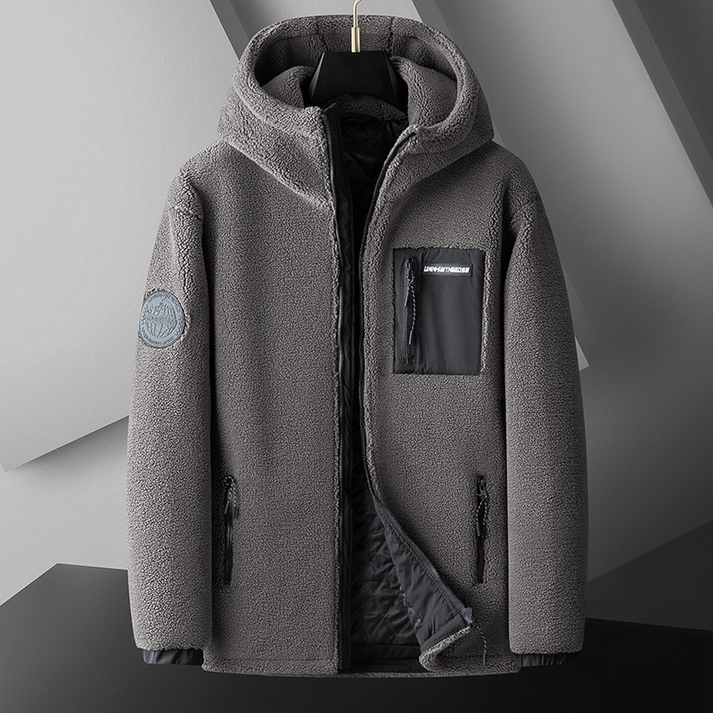 Shake Grain Suede Jacket Male Autumn Winter Plus Suede Thickened warm-to-cap cashmere cotton clothes high-end men's sweatshirt 