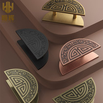 Chinese style glass door round large door handle aluminum engraving black ancient bronze solid wood door hotel double open door semi-circle large handle