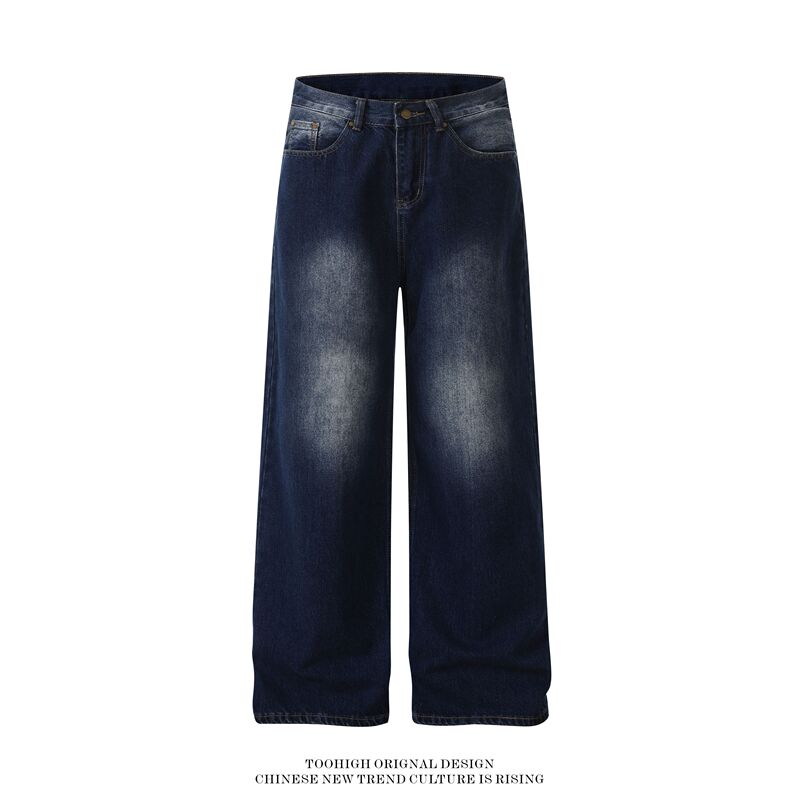 Toohigh American-Style Deconstructed Design Multi-Pocket Wide-Leg Jeans Unisex Washed Vintage Casual Pants