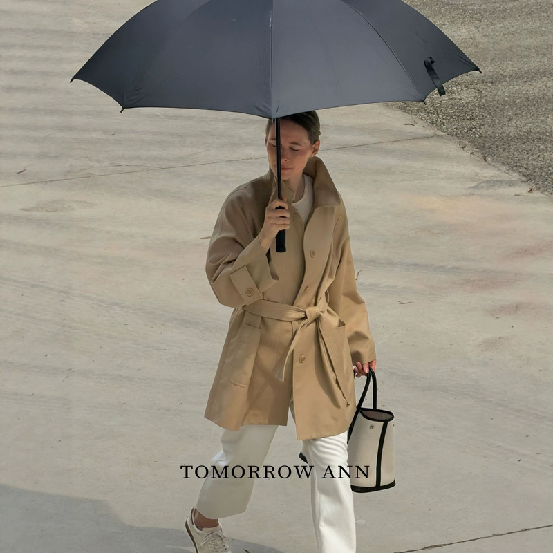 Tomorrow Ann High-Quality! Two-Tone Pima Cotton Stand Collar Mid-Length Trench Coat 13059