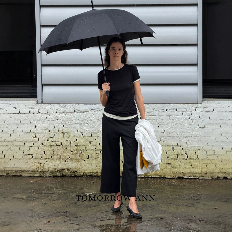Tomorrow Ann Early Autumn Style - Side Zipper Tencel Cotton Slightly Flared Nine-Point Wide-Leg Pants 13300