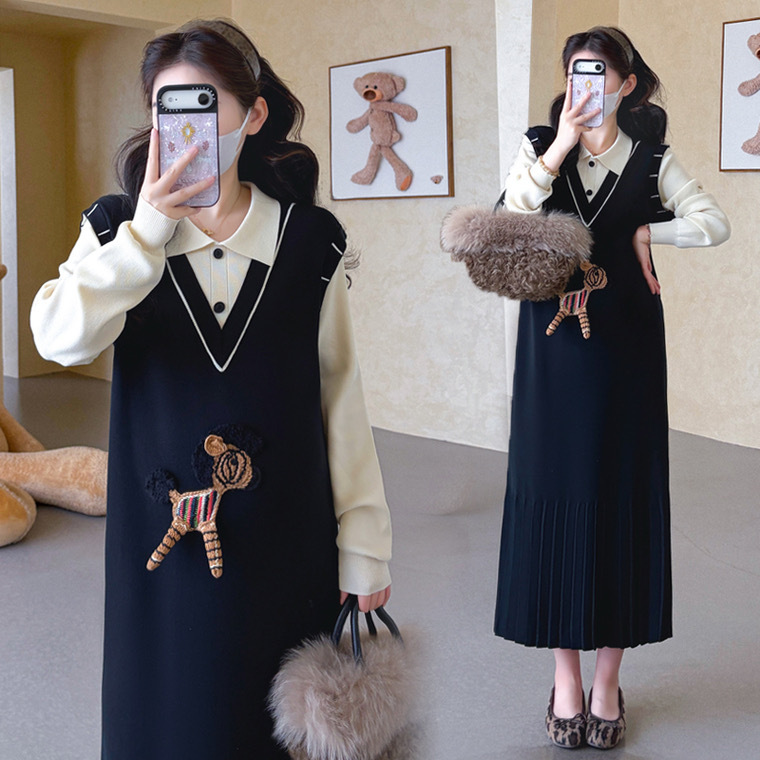 Great Deals~ Maternity Autumn Dress 2026 New Style Fake Two-Piece Turn-Down Collar Loose Cartoon Patchwork Long Dress Great Deals~ Maternity Autumn Dress 2026 New Style Fake Two-Piece Turn-Down Collar Loose Cartoon Patchwork Long Dress