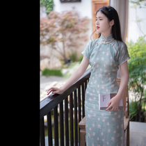 Young Master Xiao) Jasmine) Retro Republic Style Ancient Cheongsam Ramie Jasmine Printed Double-breasted Slim Long Cheongsam