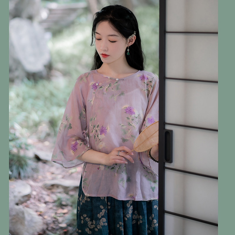 ) Raccoon Brook sand) Chinese style vintage Hemp inverted large sleeves Loose Daily No Collar and Collar Qipao Jacket 100 hitch 