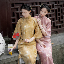 Xiaogongzi) Luoxiayan) retro Republic style new three-color ramie print slim waist down big sleeve cheongsam dress