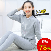 Youth thermal underwear women thick plus velvet men Cotton autumn clothing trousers set junior high school students autumn and winter