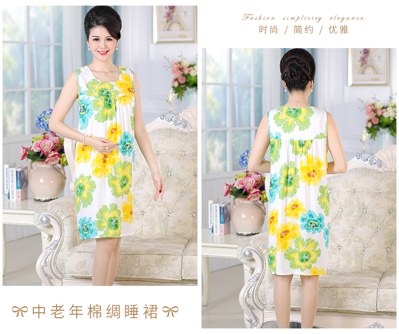 Cotton lụa nightdress nữ mùa hè mẹ cotton lụa phần mỏng bông nhân tạo đồ ngủ nữ trung niên kích thước lớn không tay nightdress