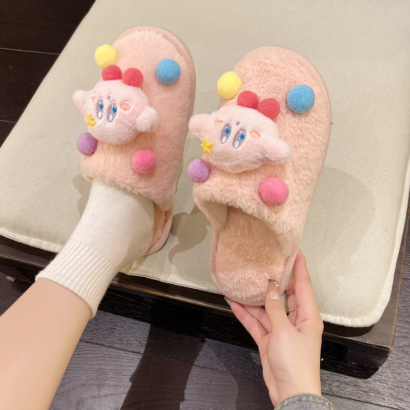 Cute Little Kirby Plush Slippers for Women, Autumn and Winter Home Wear, Girly, Age-Reducing, Soft-Soled Cotton Slippers