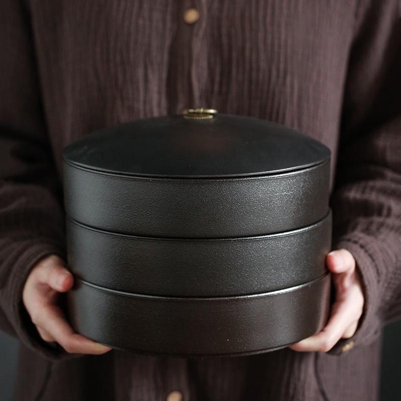 Large black pottery caddy fixings ceramic seal puer tea pot white tea cake tin with storage POTS stack