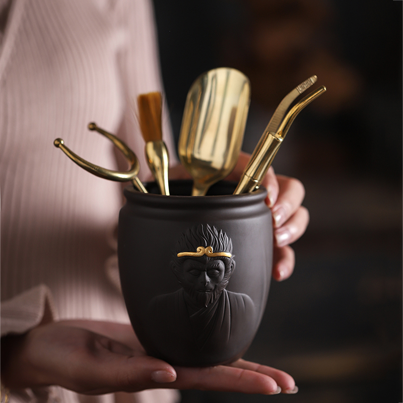 Purple sand tea six gentleman 's suit household sun wukong was third - holiest ebony wood pure copper kung fu tea accessories run out