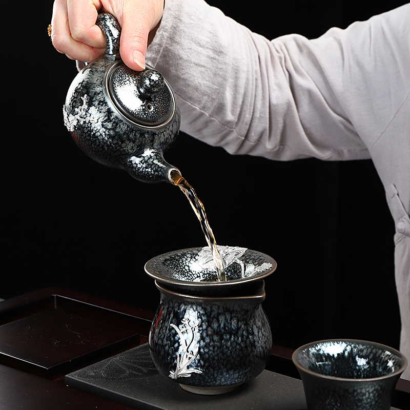 Build light silver teapot droplets temmoku glaze fetal iron teapot household ceramics up kung fu tea pot