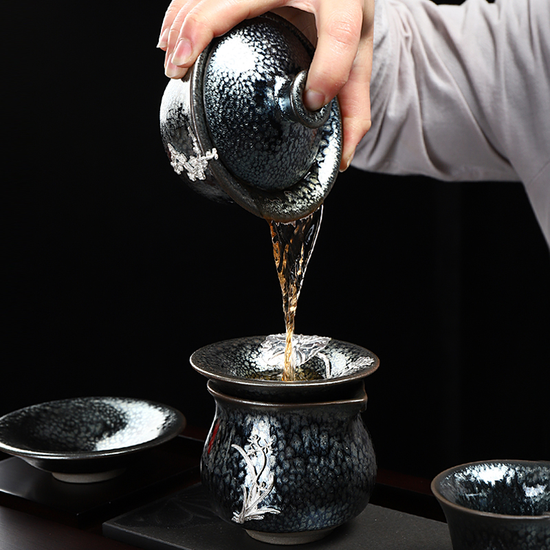 Build light tureen silver oil drop three to make tea bowl bowl fambe large red glaze, ceramic bowl is kung fu tea set