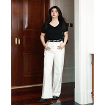 Li Carefree (Black Mark Series) Micro Fat Big Code Three Defense White Jeans Female Summer High Waist Straight Cylinder Wide Leg Pants