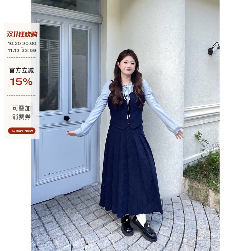 Li Shasha【Sea Breeze Whisper】Korean-Style Fashionable Suit for Women, Plus-Size Faux Two-Piece Top with High-Waisted Pleated Skirt Li Shasha【Sea Breeze Whisper】Korean-Style Fashionable Suit for Women, Plus-Size Faux Two-Piece Top with High-Waisted Pleated Skirt