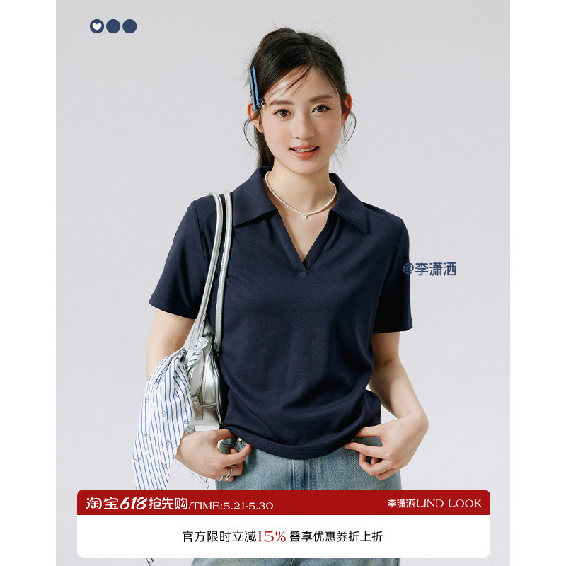 Li Shasha, Slightly Chubby, Vintage Polo Collar, Pleated Waist T-Shirt for Women, Summer, Simple, Versatile, Elegant, High-End Top Li Shasha, Slightly Chubby, Vintage Polo Collar, Pleated Waist T-Shirt for Women, Summer, Simple, Versatile, Elegant, High-End Top