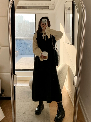 Черный мегафон, весеннее платье с рукавами, юбка, большой размер, французский стиль