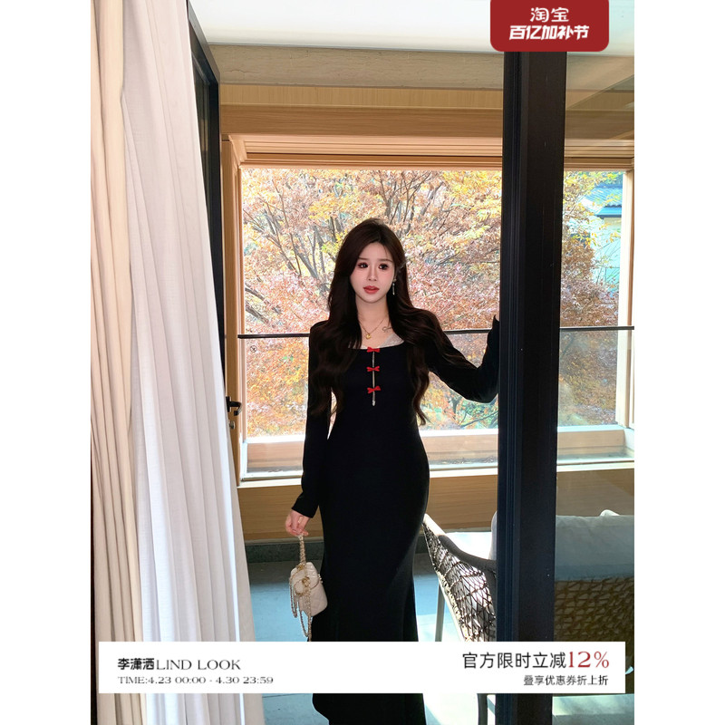 Li Shasha【Meijiko】Black Lace V-Neck Dress for Women, Slightly Plump Figure, French Style, Slim Fit, Bodycon Long Dress