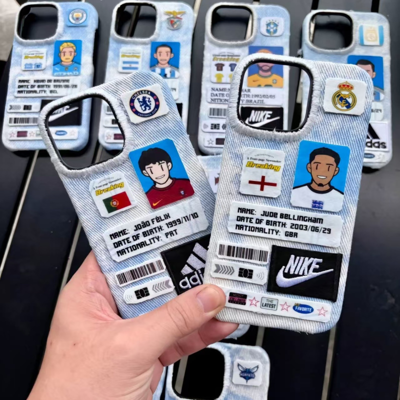 Anti-Drop iPhone 17 Football Case Suitable for Any Model, Cristiano Ronaldo Personalized Full-Cover Fabric Denim Phone Case Bellingham