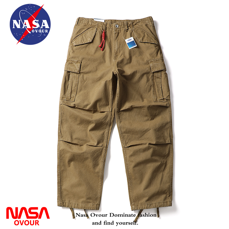 Nasa Collaboration American-Style Trendy Brand Red String Multi-Pocket Cargo Pants for Men, Washed and Distressed, Heavyweight Straight-Leg Loose Casual Pants