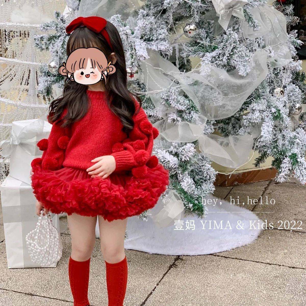 N girls red sweater New Year's greetings suit Western style fur ball top children's New Year's clothing clothing baby girl New Year's sweater