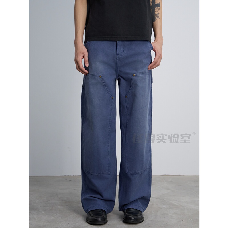 Monster Laboratory Straight-Leg Loose Fit Pure Cotton Vintage Lumberjack Pants American-Style Washed Denim Jeans # X002
