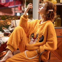 Autumn and winter coral velvet pajamas womens winter thickened plus velvet home clothing winter flannel cartoon lion warm suit