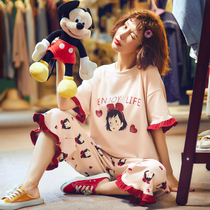 Pajamas ladies summer thin large size loose Capri pants short sleeve cotton home Clothing Spring and Autumn small yellow duck set