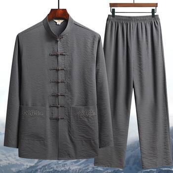 Spring and summer tang suit, middle-aged and elderly men's ice silk long-sleeved daddy suit, chinese style hanfu grandpa suit, clothes for the elderly