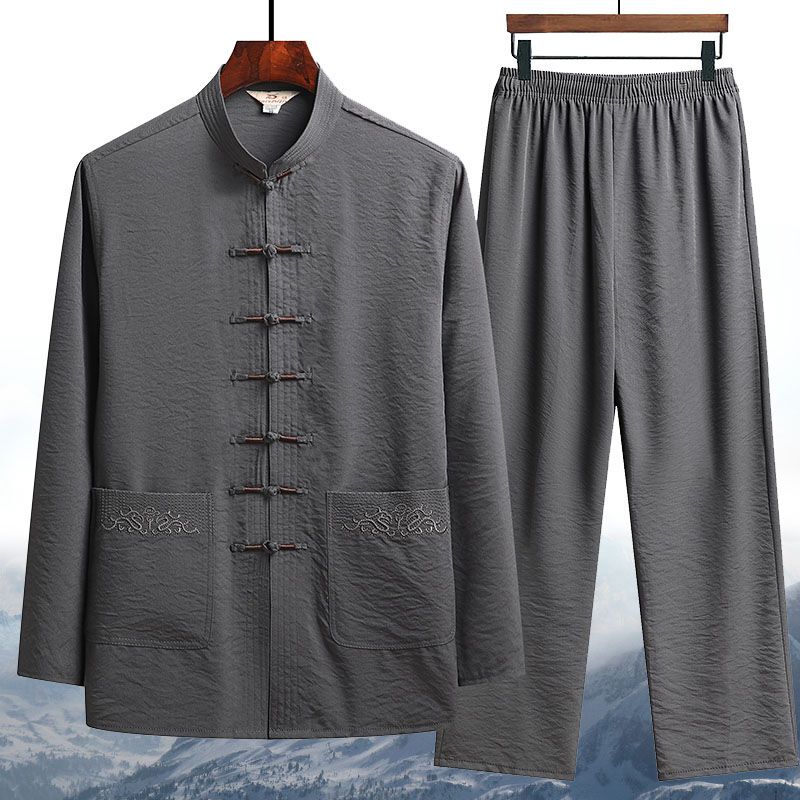 Spring and Summer Tang Suit for Middle-Aged and Elderly Men, Ice Silk Long-Sleeved Dad Outfit, Chinese Style Hanfu Grandpa Suit, Elderly Clothing