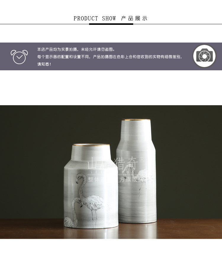 Nordic ins grey wiredrawing hand - made flamingos ceramic vases, large flower arrangement home home furnishing articles