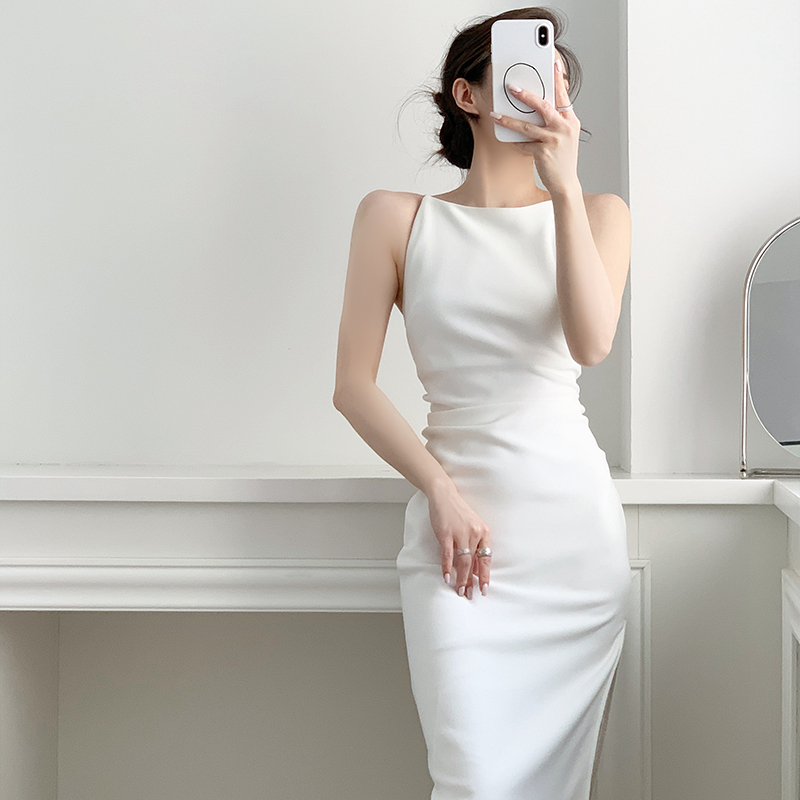 Yahi Ant Wrinkle Textured Knit White Mid-Length Off-Shoulder Side Slit Elegant Dress Summer